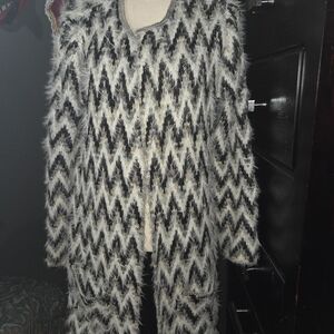 Boho fuzzy Chevron Patterned Black and White Women's drape Coat